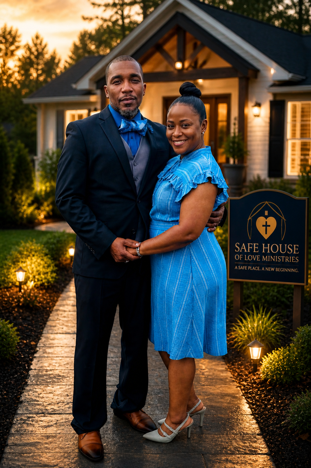 Pastor Robert and Lady Patricia outside the Safe House at golden hour