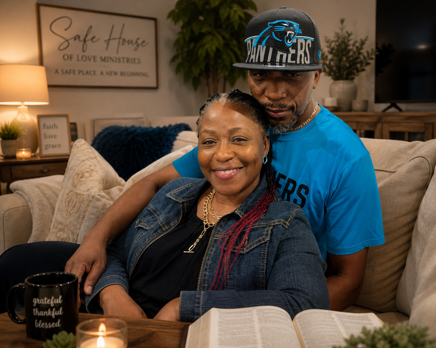 Pastor Robert and Lady Patricia relaxed together in a cozy living room